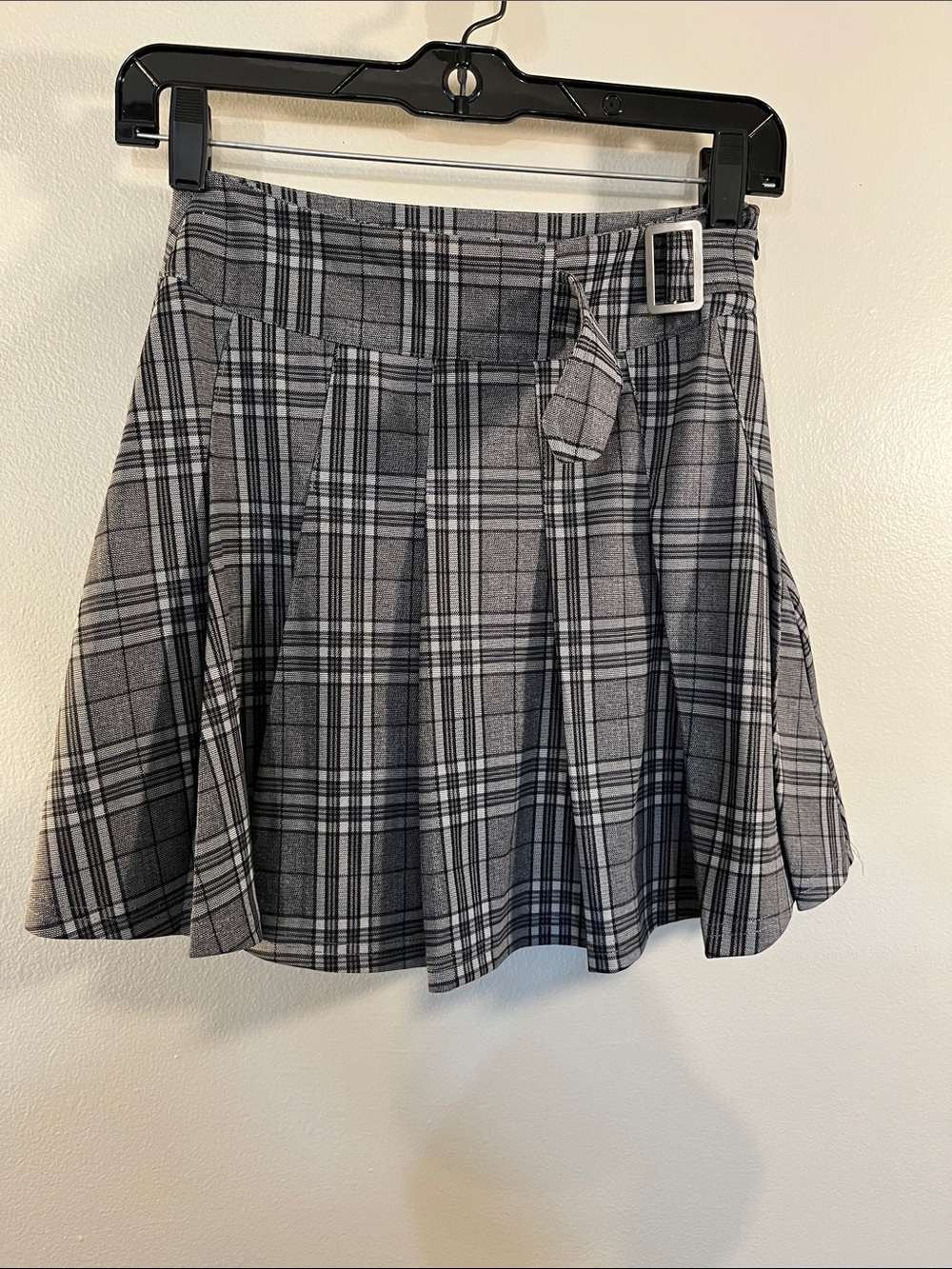 ASOS Gray Plaid Circle Skirt with Buckle Detail